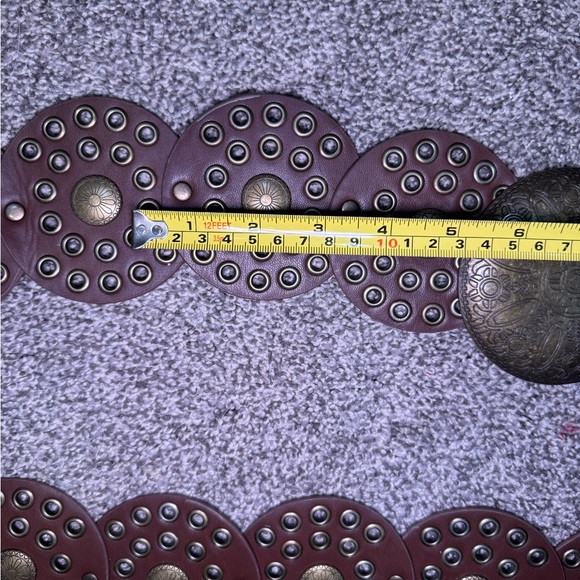 Round Studded Brown Leather Belt with Antique Brass Medallions - Picture 5 of 8